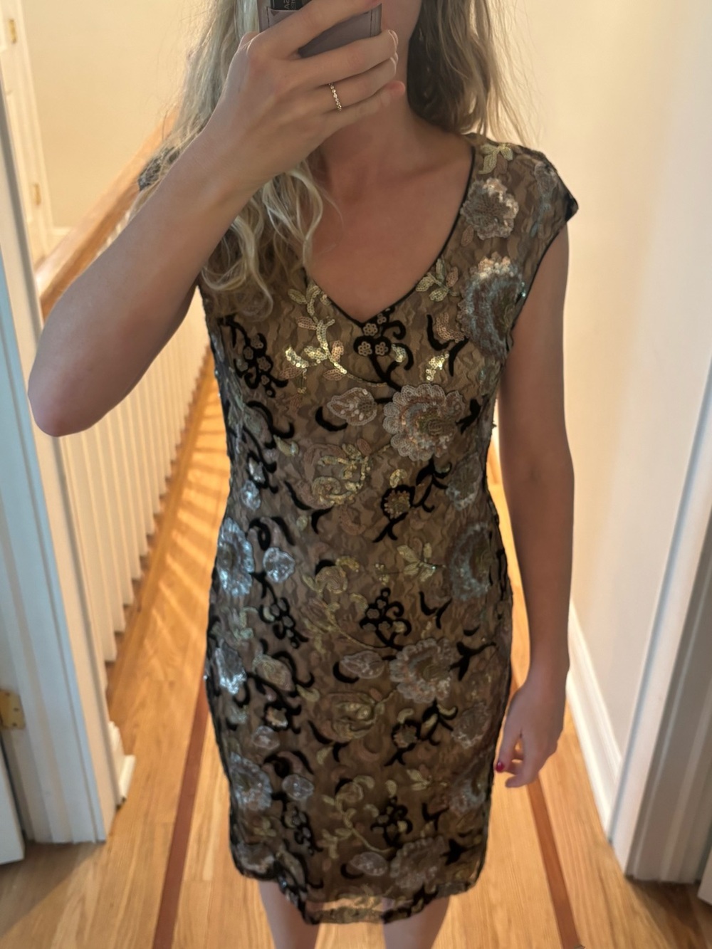 Sue Wong Gold and Black Floral Sequin Midi Dress